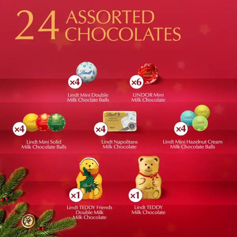 Lindt Holiday Teddy Assorted Chocolate Candy Advent Calendar, 4.5 oz.