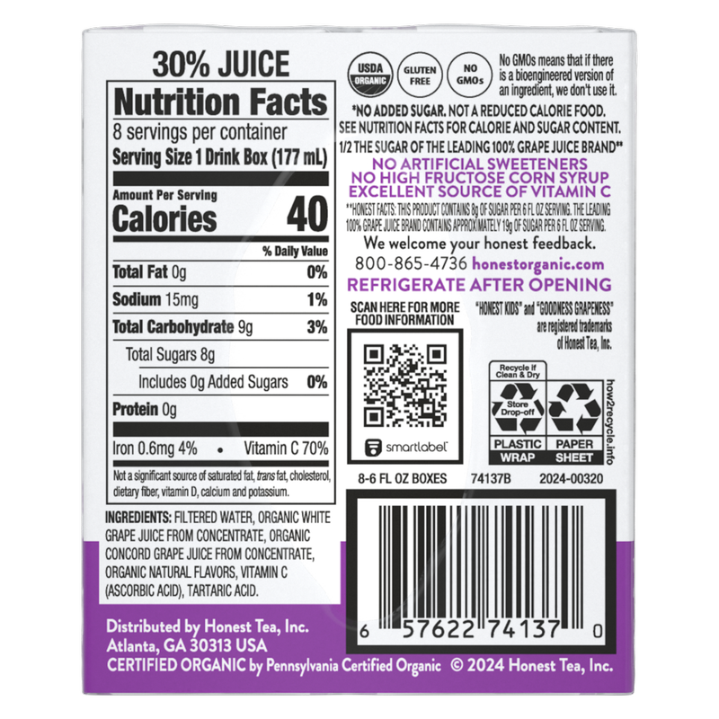 Honest Kids Organic Goodness Grapeness 8pk 6oz Box