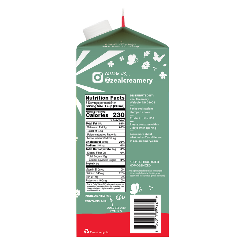 Zeal Creamery A2 Grass Fed Pasture Raised Whole Milk 1/2 Gallon