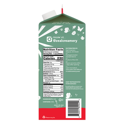 Zeal Creamery A2 Grass Fed Pasture Raised Whole Milk 1/2 Gallon
