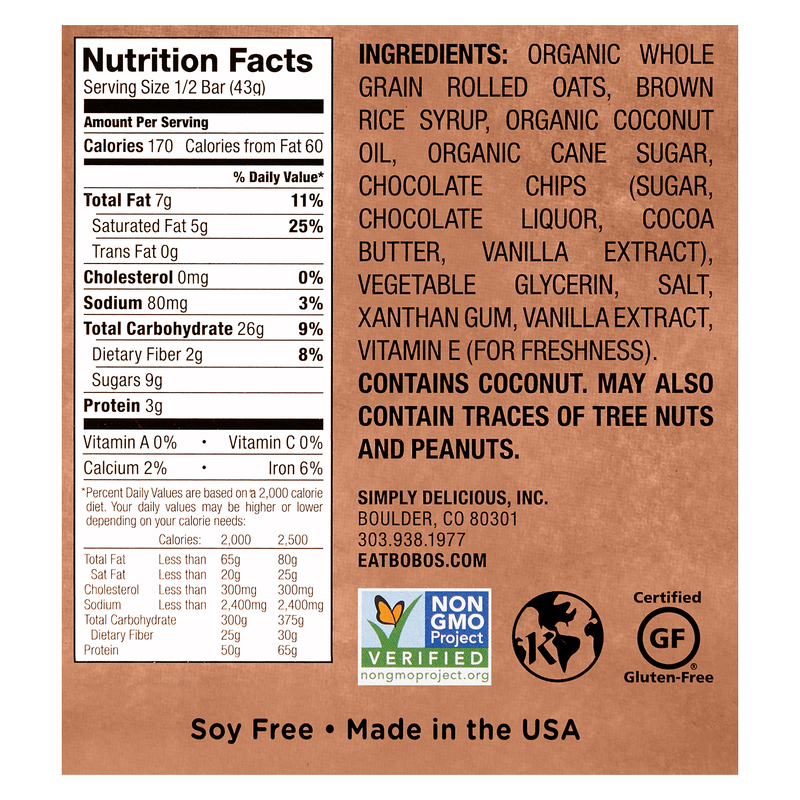 Bobo's Chocolate Chip Oat Bar 3oz