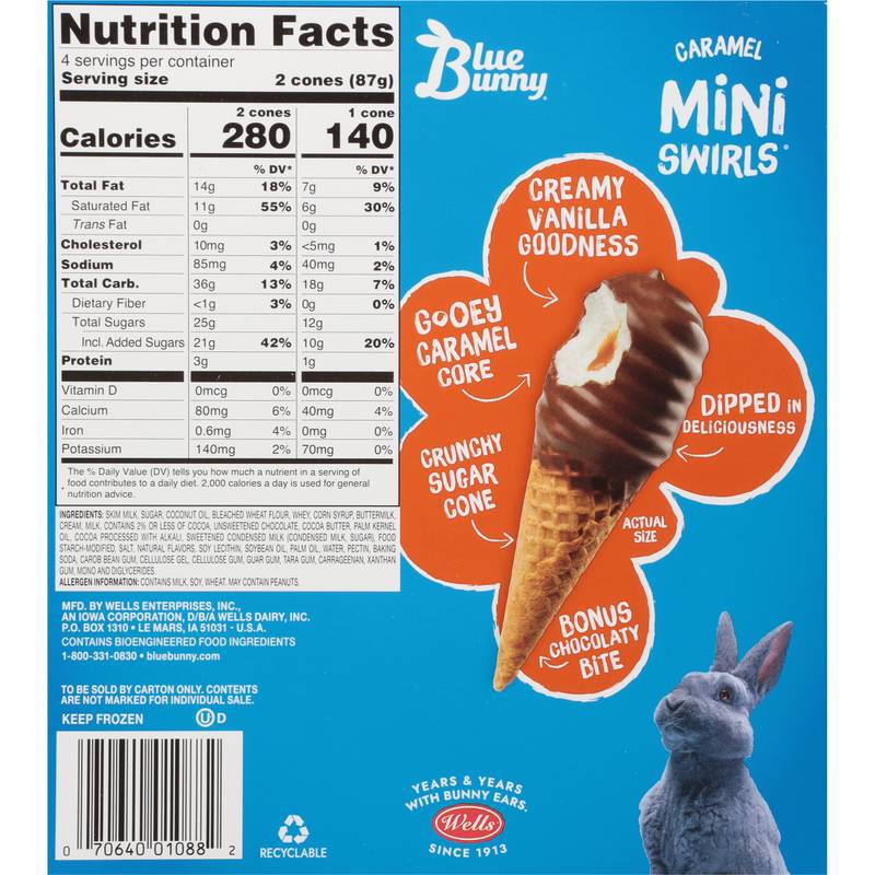 Blue Bunny Mini Swirls Caramel Cones, Frozen Dessert, 8 Pack