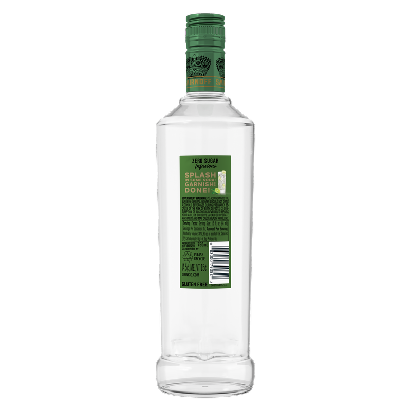 Smirnoff Zero Sugar Infusions Cucumber & Lime (Vodka Infused with Natural Flavors & Essence of Real Botanicals), 750 mL (60 Proof)