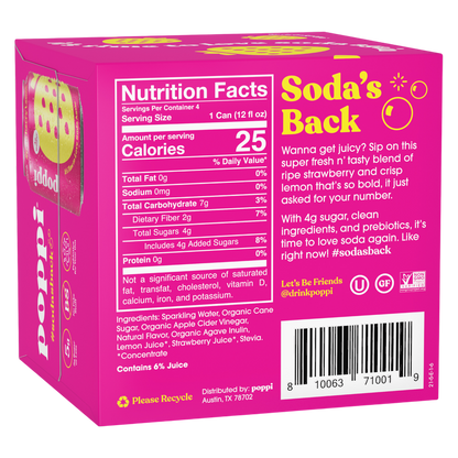 Poppi Prebiotic Soda Strawberry Lemon 4pk 12oz Can- XL