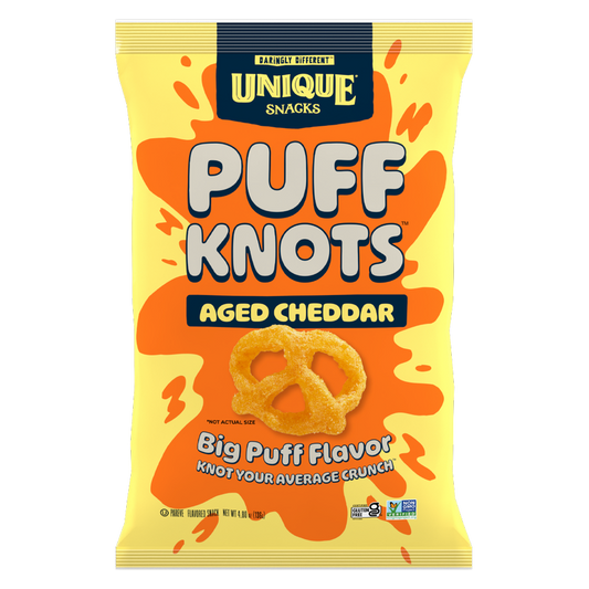 Unique Snacks Puff Knots, Aged Cheddar, 4.8oz