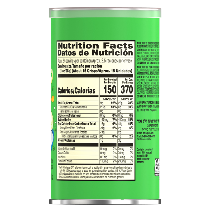 Pringles Potato Crisps Chips Sour Cream and Onion 2.5oz Grab N' Go