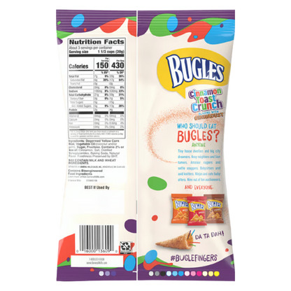 Bugles Cinnamon Toast Crunch Crispy Corn Snacks, Snack Bag, 3 oz