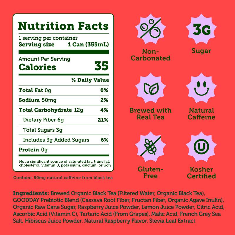 Halfday Raspberry Prebiotic Iced Tea 12oz Can