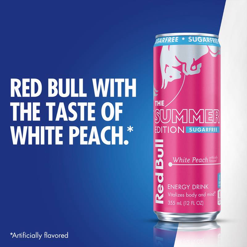 Red Bull Sugar Free White Peach The Summer Edition Energy Drink 4pk 12oz Can- XL