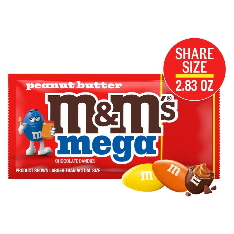 M&M'S Mega Peanut Butter Chocolate Candy, Share Size, 2.83 Oz Pack
