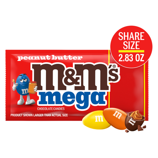 M&M'S Mega Peanut Butter Chocolate Candy, Share Size, 2.83 Oz Pack