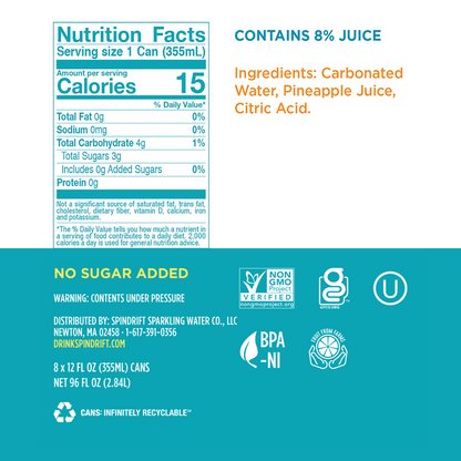 Spindrift Sparkling Water Pineapple 16oz Can