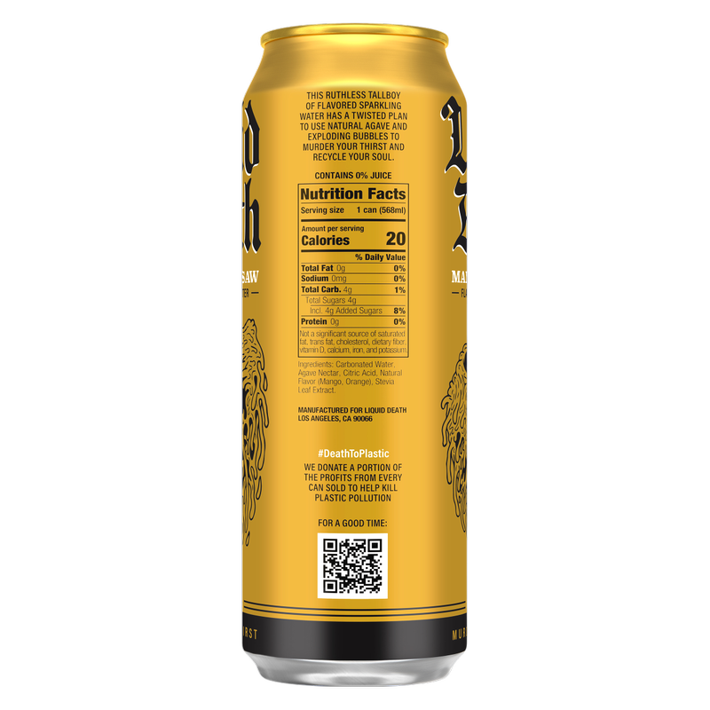 Liquid Death Sparkling Water Mango Chainsaw 19.2oz King Size Can
