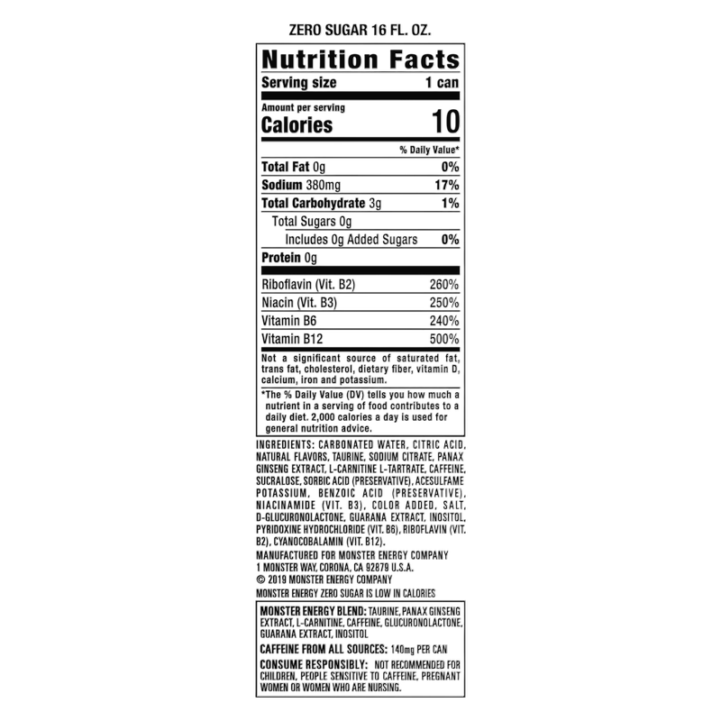 Monster Energy Zero  Sugar 24pk 16oz Can- XL