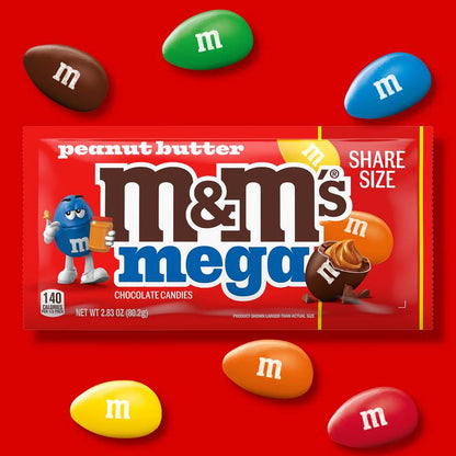 M&M'S Mega Peanut Butter Chocolate Candy, Share Size, 2.83 Oz Pack