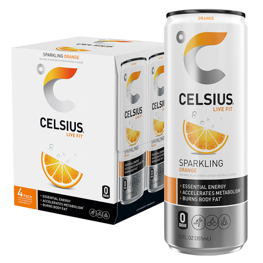 CELSIUS Sparkling Orange Essential Energy Drink, 4 Pack 12oz Can- XL