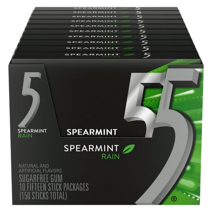5 GUM Spearmint Rain Sugar Free Chewing Gum 10 CT