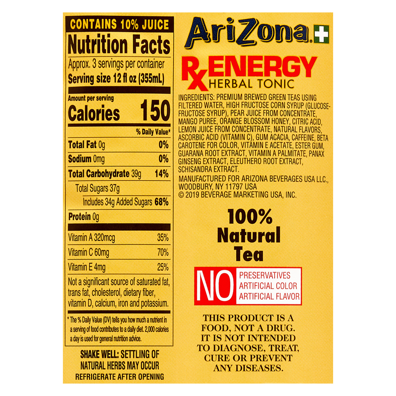 AriZona Rx Energy Tea 34oz Btl