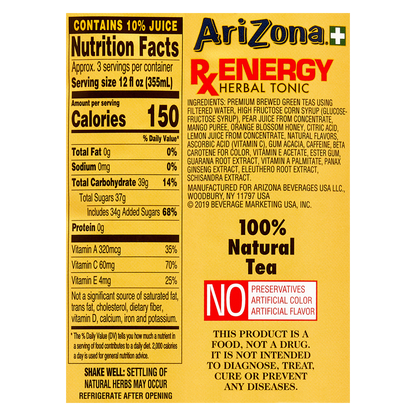 AriZona Rx Energy Tea 34oz Btl