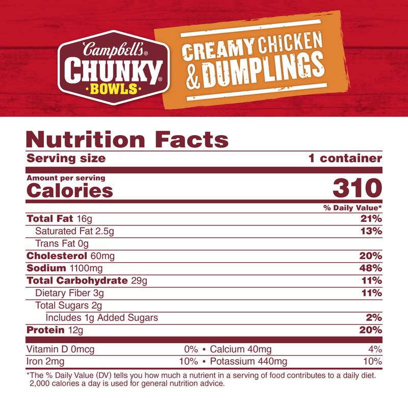 Campbell’s® Chunky® Soup, Creamy Chicken and Dumplings Soup, 15.25 oz Microwavable Bowl 8 CT