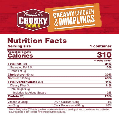Campbell’s® Chunky® Soup, Creamy Chicken and Dumplings Soup, 15.25 oz Microwavable Bowl 8 CT
