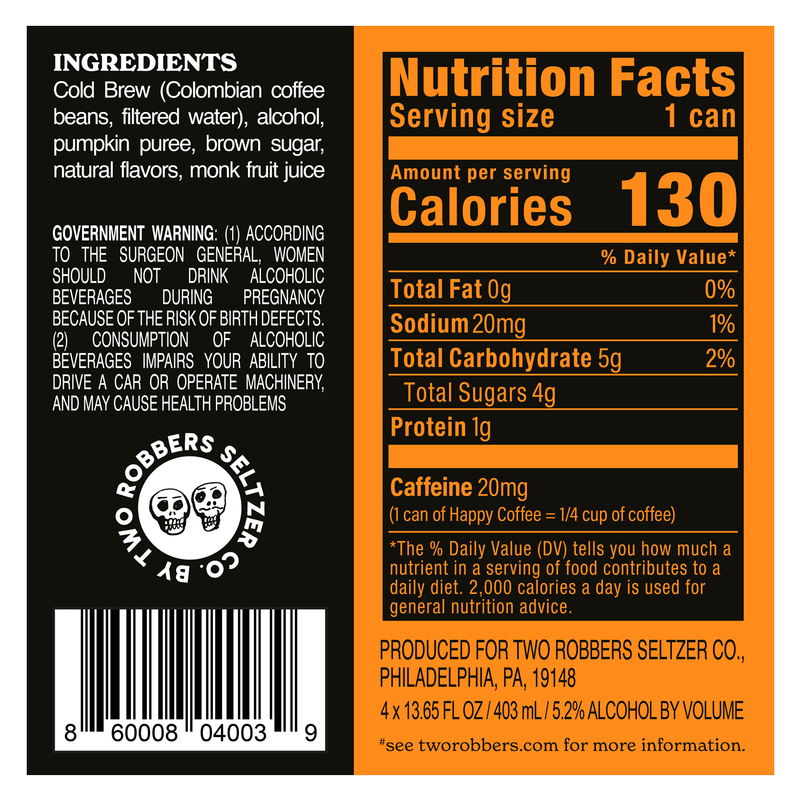 Two Robbers Happy Coffee Pumpkin 4pk 16oz Can 5.2% ABV