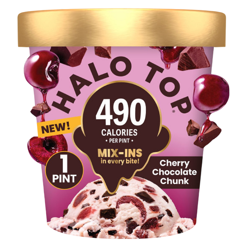 Halo Top Cherry Chocolate Chip Chunk Light Ice Cream, Lower Calorie Frozen Dessert Pint, 16 fl oz