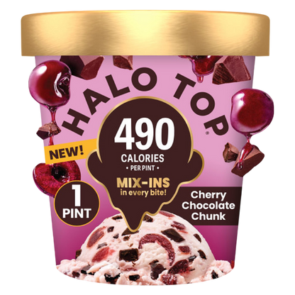 Halo Top Cherry Chocolate Chip Chunk Light Ice Cream, Lower Calorie Frozen Dessert Pint, 16 fl oz