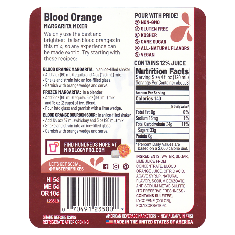 Master of Mixes Blood Orange Margarita Mix 1L Btl