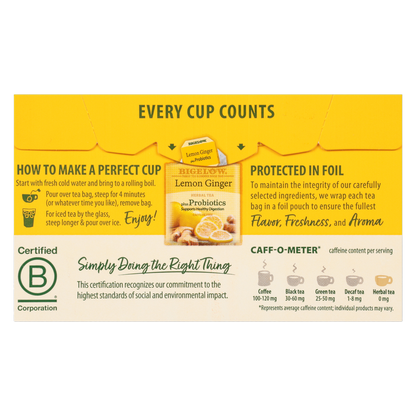 Bigelow Tea Lemon Ginger Plus Probiotic Caffeine Free Herbal Tea Bags 18ct Box