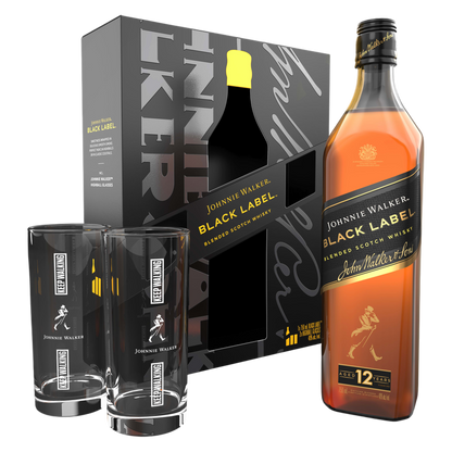 Johnnie Walker Black Label with Two Branded Highball Glasses