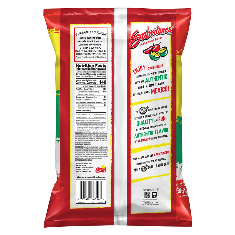 Sabritones Chile and Lime Flavored Puffed Wheat Snacks 4oz