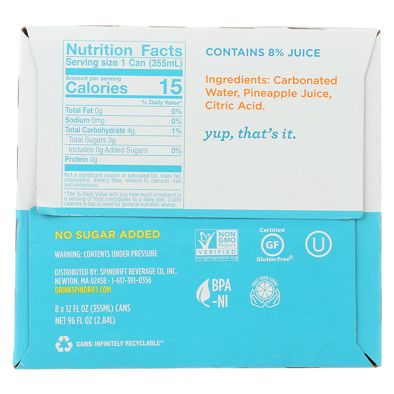 Spindrift Pineapple Sparkling Water 8pk 12oz can