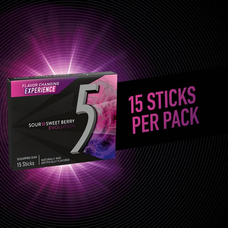 5 GUM Evolution Sour to Sweet Berry Sugar Free Chewing Gum, 15-Stick Pack