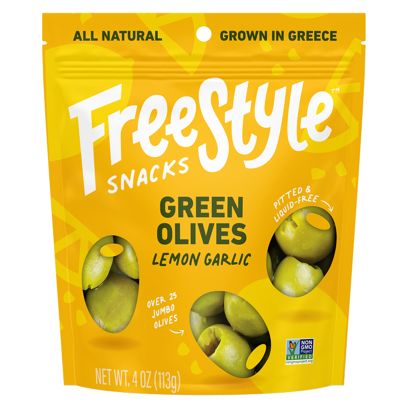 Freestyle Snacks Green Olives Lemon Garlic 4oz pouch
