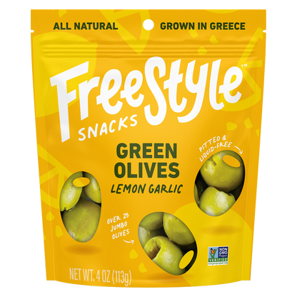 Freestyle Snacks Green Olives Lemon Garlic 4oz pouch