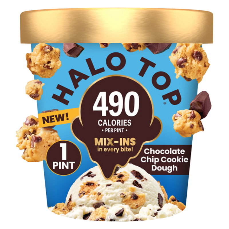 Halo Top Chocolate Chip Cookie Dough Light Ice Cream, Lower Calorie Frozen Dessert Pint, 16 fl oz
