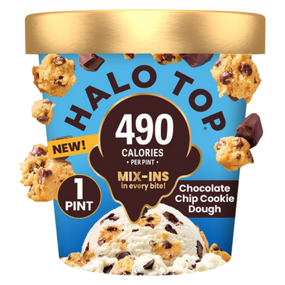 Halo Top Chocolate Chip Cookie Dough Light Ice Cream, Lower Calorie Frozen Dessert Pint, 16 fl oz