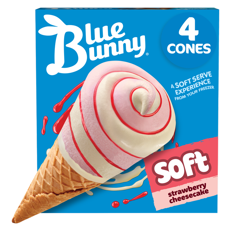 Blue Bunny Strawberry Cheesecake Soft Cones, Frozen Dessert, 4 Pack