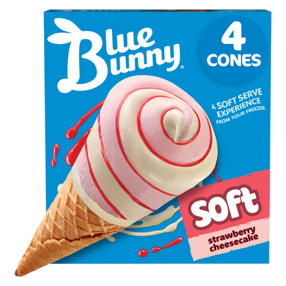 Blue Bunny Strawberry Cheesecake Soft Cones, Frozen Dessert, 4 Pack