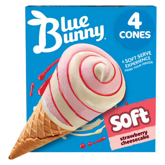 Blue Bunny Strawberry Cheesecake Soft Cones, Frozen Dessert, 4 Pack