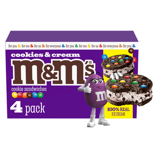 M&M'S Ice Cream Cookies and Cream Sandwiches, Reduced Fat Cookies and Cream Ice Cream Dessert Sandwich, 4ct