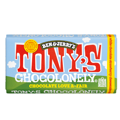 Tony's Chocolonely and Ben & Jerry's Love A-Fair White Chocolate Strawberry Cheesecake Bar 6.35oz