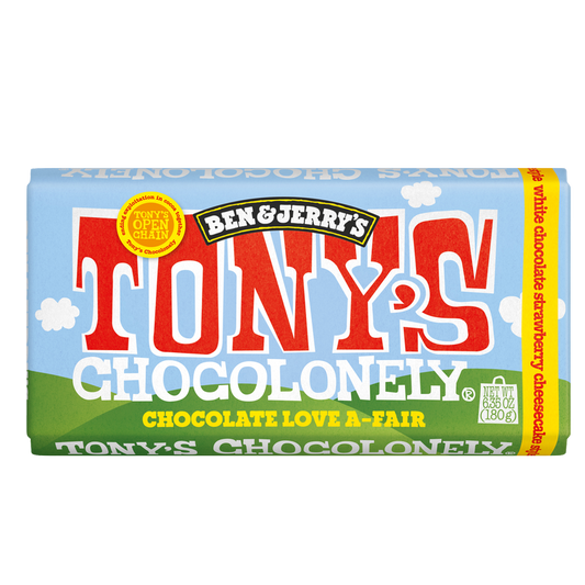 Tony's Chocolonely and Ben & Jerry's Love A-Fair White Chocolate Strawberry Cheesecake Bar 6.35oz