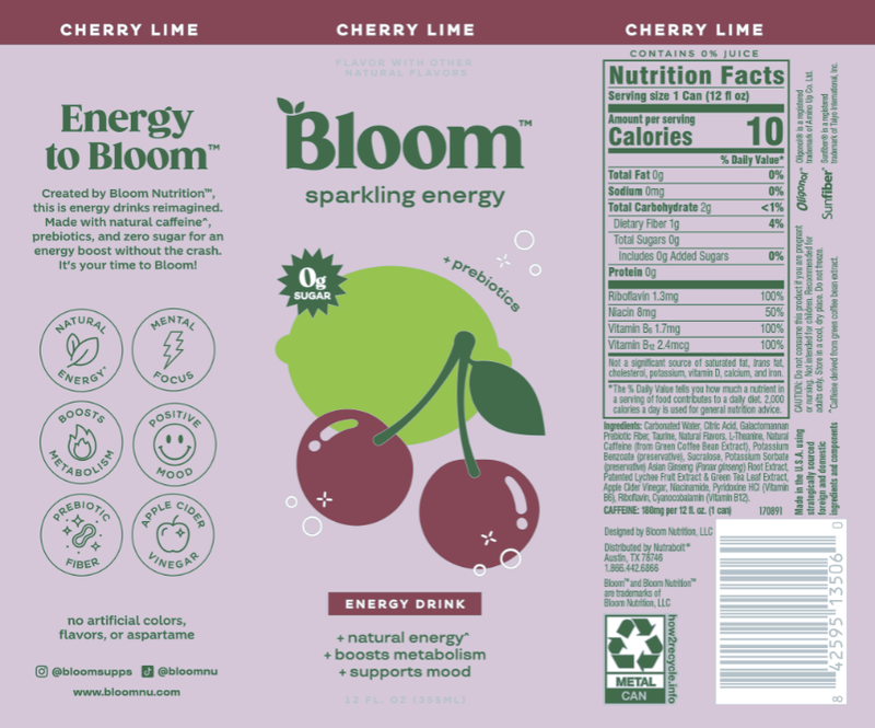 Bloom Cherry Lime Sparkling Energy 12oz Can