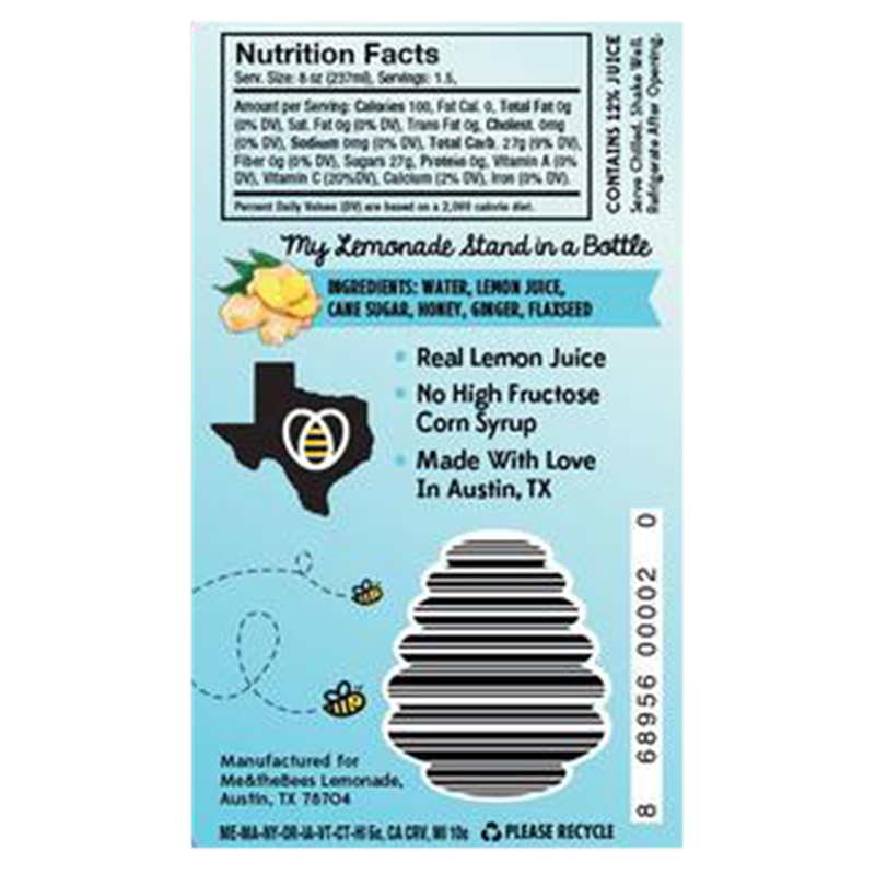 Me & The Bees Ginger Lemonade 12oz Btl