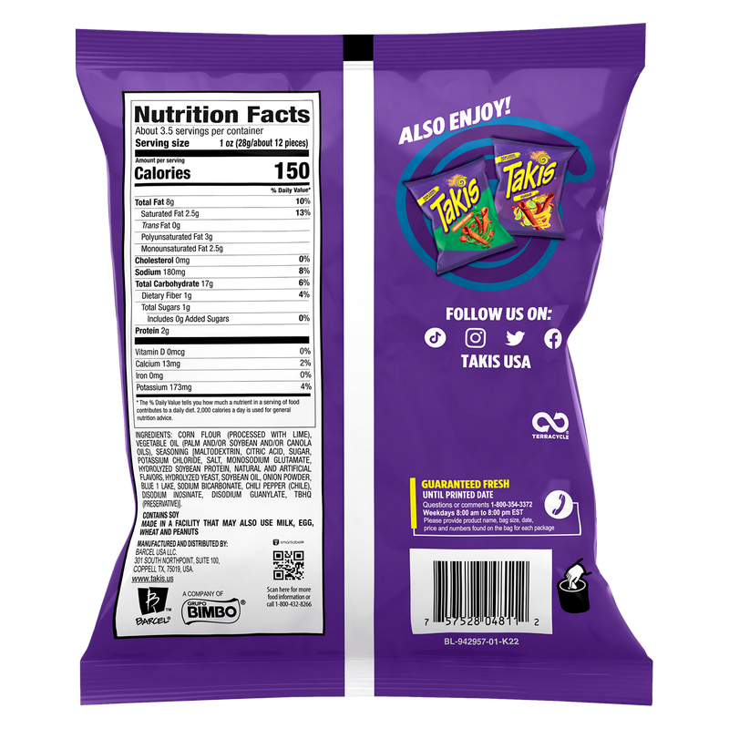 Takis Blue Heat Spicy Rolled Tortilla Chips Snack Size Bag 3.25oz