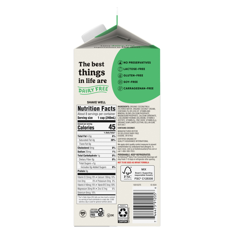 So Delicious Organic Unsweetened Coconut Milk 64oz