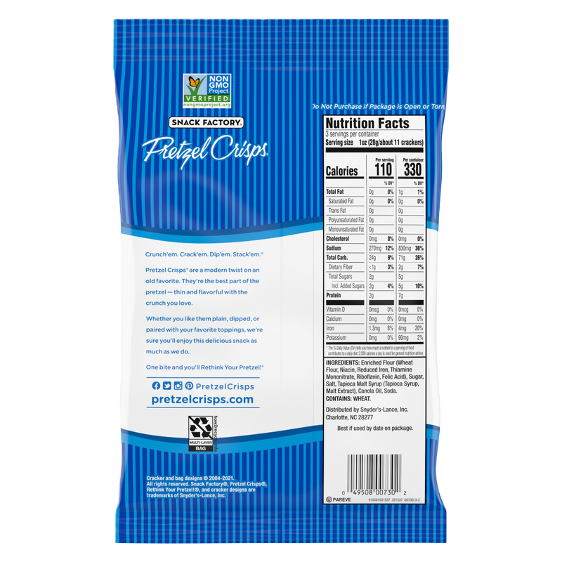 Snack Factory® Pretzel Crisps, Original, 3 oz