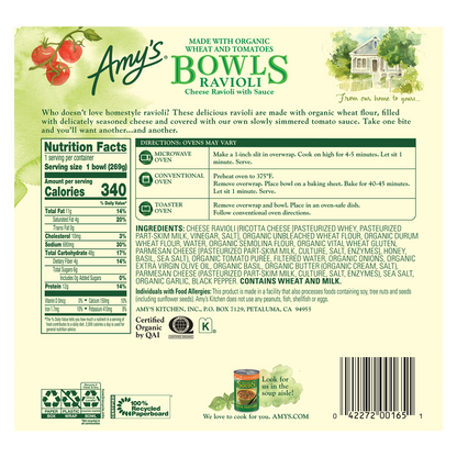 Amy's Frozen Bowls Cheese Ravioli with Sauce 9.5oz